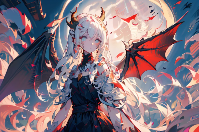 1girl, glowing eyes, wavy hair, demure ornate dress, scales, scales on face, dragon wings, medium chest, dragon horns, under the moon, slender figure, scaled humanoid, dragon eyes, (Intricate details:1.2), (Highly detailed face and eyes:1.2), high sharpness, high textures
