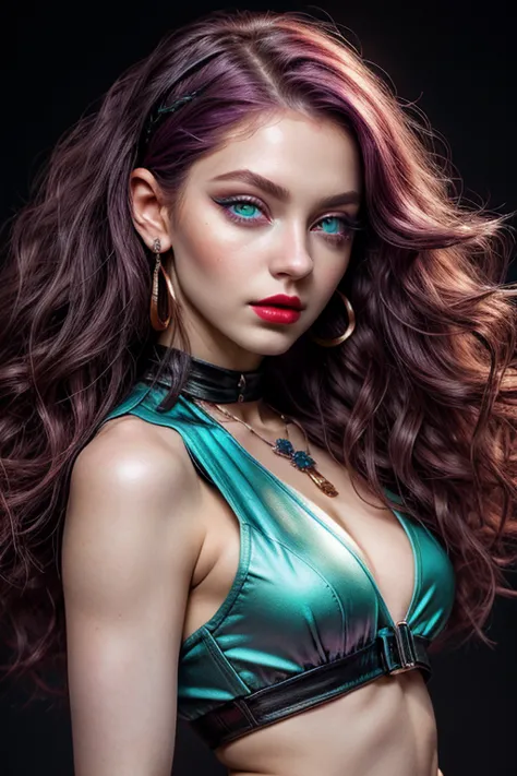 beautiful young girl with wavy purple hair, (((waist-high body view))), black necklace around the neck, ((light bright turquoise...