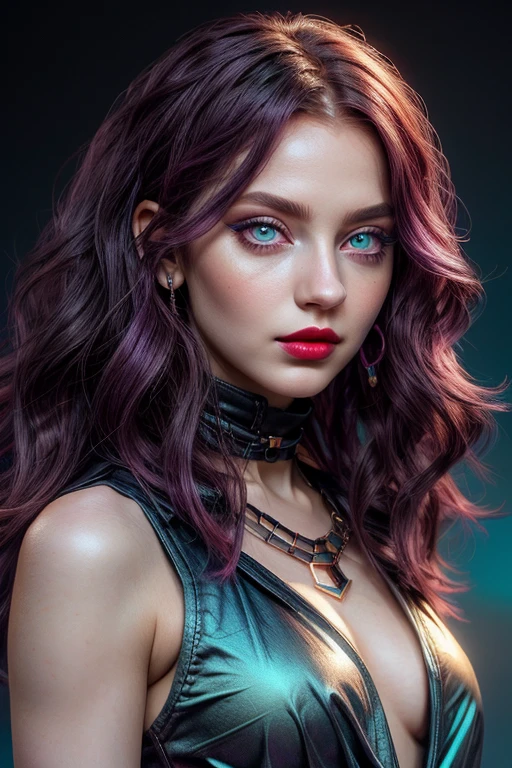 hermosa joven con cabello morado ondulado, (((vista del cuerpo hasta la cintura))), collar negro alrededor del cuello, ((ojos color turquesa claro y brillante)), germen de arte, Стэнли germen de arte Лау, una pintura digital de un, arte digital, (((sin ropa de abrigo))), ((((Miro al espectador)))), ((labios rojo pálido)), (piel pálida), Maquillaje negro intenso, delineador de ojos negro y sombra de ojos, cabello de gran volumen, (Cara linda), foto realista, Obra maestra, 1 chica, mejor calidad, retrato, 8k, iluminación hiperrealista,