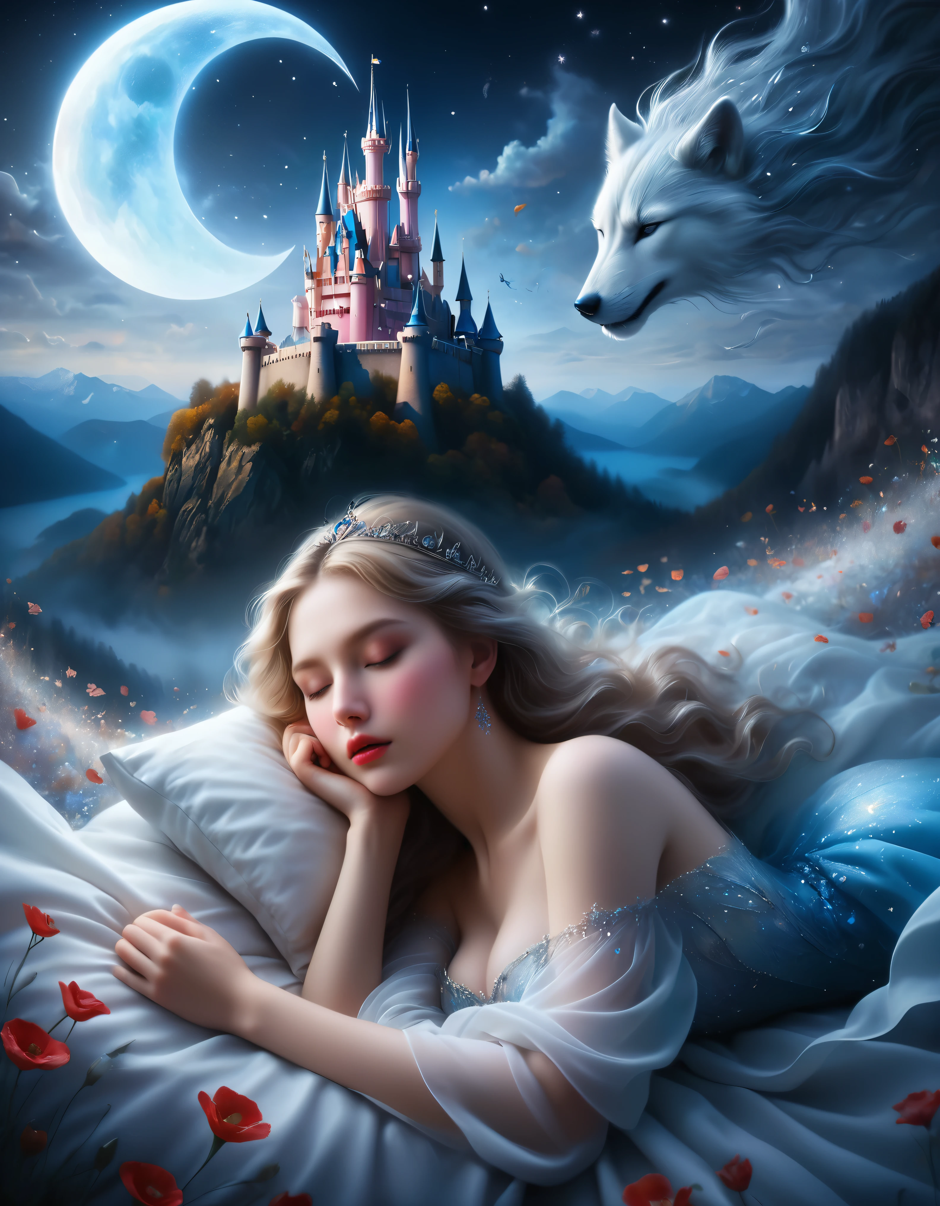 ((Masterpiece in maximum 16K resolution):1.6),((soft_color_photograpy:)1.5), ((Ultra-Detailed):1.4),((Movie-like still images and dynamic angles):1.3) | (double contact:1.3), Beautiful dream castle silhouette effect, Superimposed on Sleeping Beauty,《Sleeping Beauty Theme》, ((Sleeping beauty dream castle):1.5), Oil and ink on canvas, fine art, super dramatic light, photoillustration, amazing depth, the ultra-detailed, iridescent red, superfluous dreams, intricately details, amazing depth, Amazing atmosphere, Mesmerizing whimsical vibrant landscapes, Maximalism (beautiful outside, Ugly inside, pressure and pain, beauty and despair, hard and soft, positive and negative, hot and cold, Sweet and sour, Vibrant but boring, Perfect harmony, light and shadows, hot and cold, old and young, Fire and ice, Yin and yang, australian, Black and white, hot and cold, organic and mechanical, Corresponding color, loud and quiet, Chaos and peace, day and night:1.2) The complex masterpiece of a real-time engineering leader. | Rendered in ultra-high definition with UHD and retina quality, this masterpiece ensures anatomical correctness and textured skin with super detail. With a focus on high quality and accuracy, this award-winning portrayal captures every nuance in stunning 16k resolution, immersing viewers in its lifelike depiction. | ((perfect_composition, perfect_design, perfect_layout, perfect_detail, ultra_detailed)), ((enhance_all, fix_everything)), More Detail, Enhance.