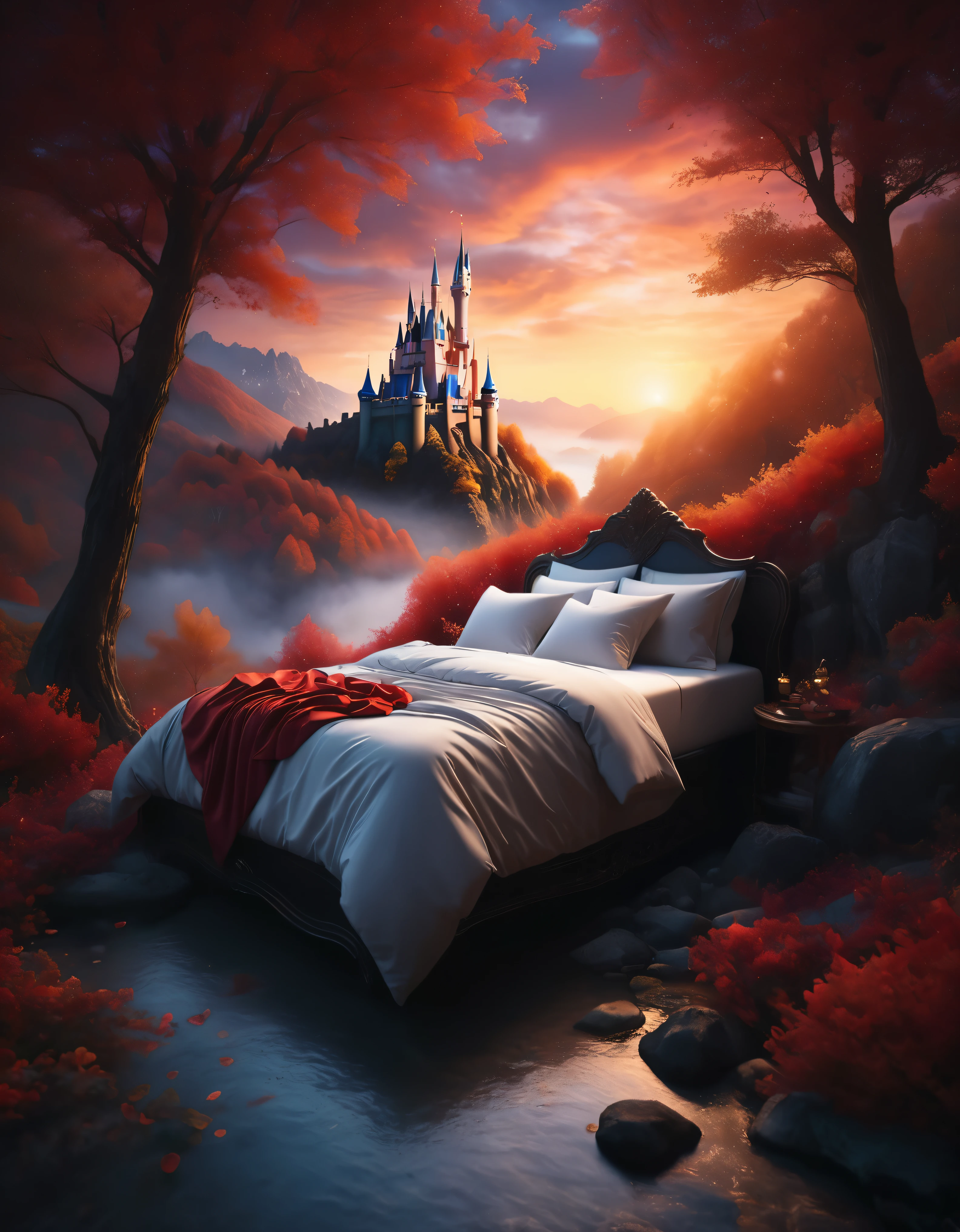 ((Masterpiece in maximum 16K resolution):1.6),((soft_color_photograpy:)1.5), ((Ultra-Detailed):1.4),((Movie-like still images and dynamic angles):1.3) | (double contact:1.3), Beautiful dream castle silhouette effect, Superimposed on Sleeping Beauty,《Sleeping Beauty Theme》, ((Sleeping beauty dream castle):1.5), Oil and ink on canvas, fine art, super dramatic light, photoillustration, amazing depth, the ultra-detailed, iridescent red, superfluous dreams, intricately details, amazing depth, Amazing atmosphere, Mesmerizing whimsical vibrant landscapes, Maximalism (beautiful outside, Ugly inside, pressure and pain, beauty and despair, hard and soft, positive and negative, hot and cold, Sweet and sour, Vibrant but boring, Perfect harmony, light and shadows, hot and cold, old and young, Fire and ice, Yin and yang, australian, Black and white, hot and cold, organic and mechanical, Corresponding color, loud and quiet, Chaos and peace, day and night:1.2) The complex masterpiece of a real-time engineering leader. | Rendered in ultra-high definition with UHD and retina quality, this masterpiece ensures anatomical correctness and textured skin with super detail. With a focus on high quality and accuracy, this award-winning portrayal captures every nuance in stunning 16k resolution, immersing viewers in its lifelike depiction. | ((perfect_composition, perfect_design, perfect_layout, perfect_detail, ultra_detailed)), ((enhance_all, fix_everything)), More Detail, Enhance.