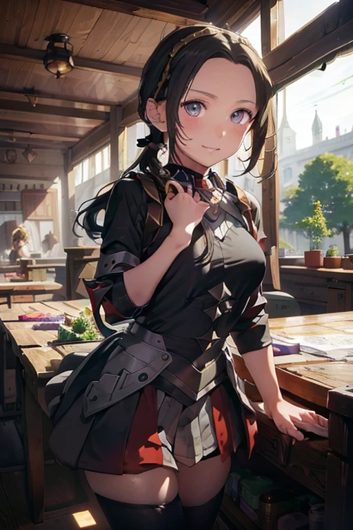 (fantasy:1.5),(anime,8k,masterpiece, top quality, best quality,beautiful and aesthetic:1.2,professional illustrasion:1.1,ultra detail:1.3,perfect lighting),extremely detailed,highest detailed,incredibly absurdres , highres, ultra detailed,intricate:1.6,(Alchemy Workshop:1.4),A girl mixing,Medicine in many small bottles,holding small potion,colorful:1.4,zentangle,(1girl),(girl),(Three kingdoms female warload),(highly detailed beautiful face and eyes,firm breasts),oily skin,((black,hair,short bob with short pony tail hair)),thin pubic hair,cute,lovely,14 years old,alchemist costume,Merchant's Clothing,smile
