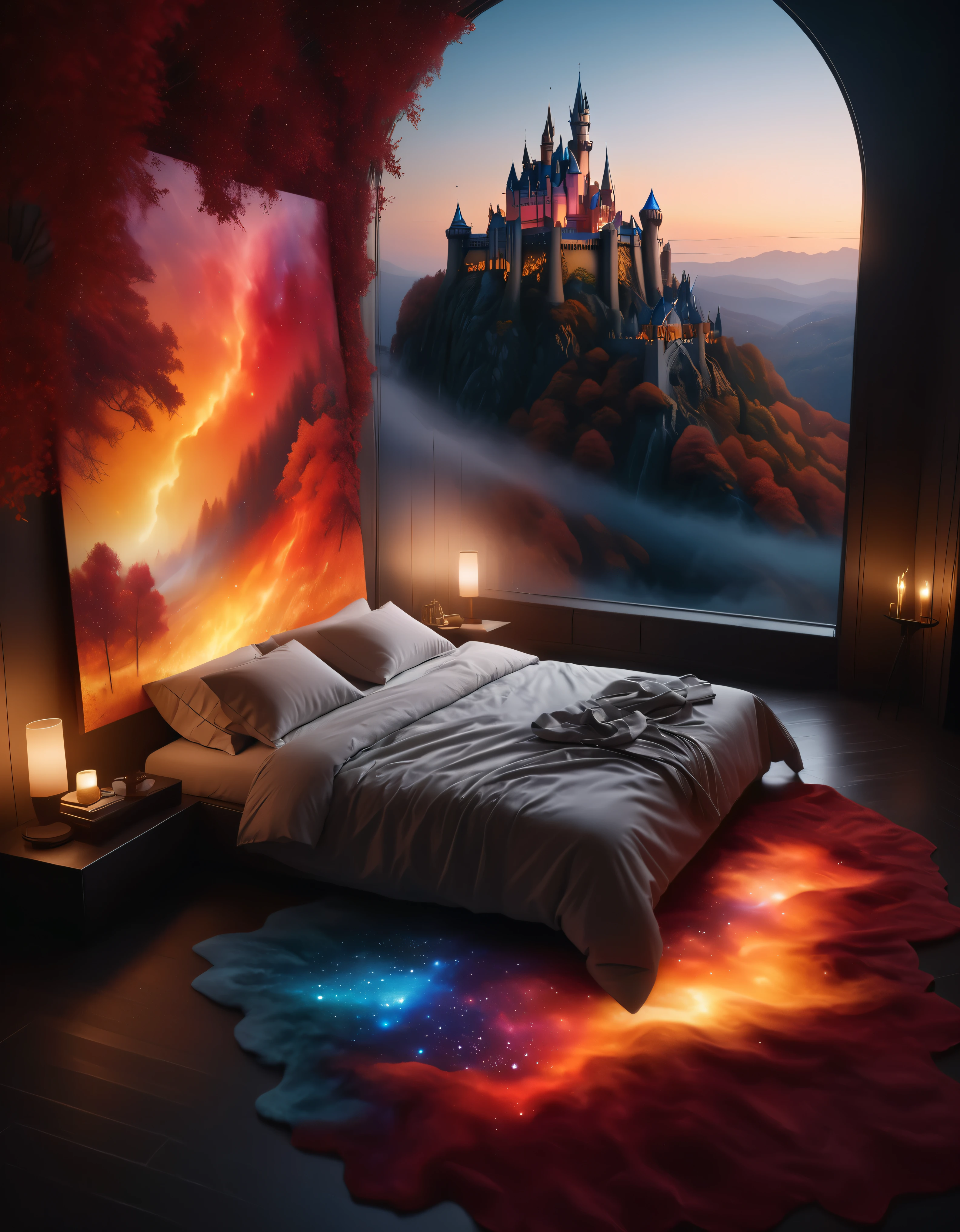 ((Masterpiece in maximum 16K resolution):1.6),((soft_color_photograpy:)1.5), ((Ultra-Detailed):1.4),((Movie-like still images and dynamic angles):1.3) | (double contact:1.3), Beautiful dream castle silhouette effect, Superimposed on Sleeping Beauty,《Sleeping Beauty Theme》, ((Sleeping beauty dream castle):1.5), Oil and ink on canvas, fine art, super dramatic light, photoillustration, amazing depth, the ultra-detailed, iridescent red, superfluous dreams, intricately details, amazing depth, Amazing atmosphere, Mesmerizing whimsical vibrant landscapes, Maximalism (beautiful outside, Ugly inside, pressure and pain, beauty and despair, hard and soft, positive and negative, hot and cold, Sweet and sour, Vibrant but boring, Perfect harmony, light and shadows, hot and cold, old and young, Fire and ice, Yin and yang, australian, Black and white, hot and cold, organic and mechanical, Corresponding color, loud and quiet, Chaos and peace, day and night:1.2) The complex masterpiece of a real-time engineering leader. | Rendered in ultra-high definition with UHD and retina quality, this masterpiece ensures anatomical correctness and textured skin with super detail. With a focus on high quality and accuracy, this award-winning portrayal captures every nuance in stunning 16k resolution, immersing viewers in its lifelike depiction. | ((perfect_composition, perfect_design, perfect_layout, perfect_detail, ultra_detailed)), ((enhance_all, fix_everything)), More Detail, Enhance.