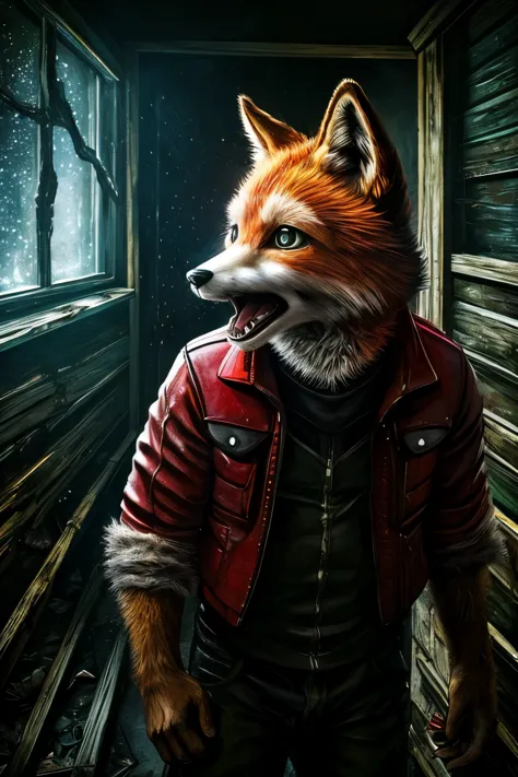 30 year old man, SOLO, ((antropomorfic fox)), ((fox with realistic fur)), red jacket with black sheves, scared, crying, open mouth, full body, Inside an abandoned old tetric house, ((dark background)), ((dark night))