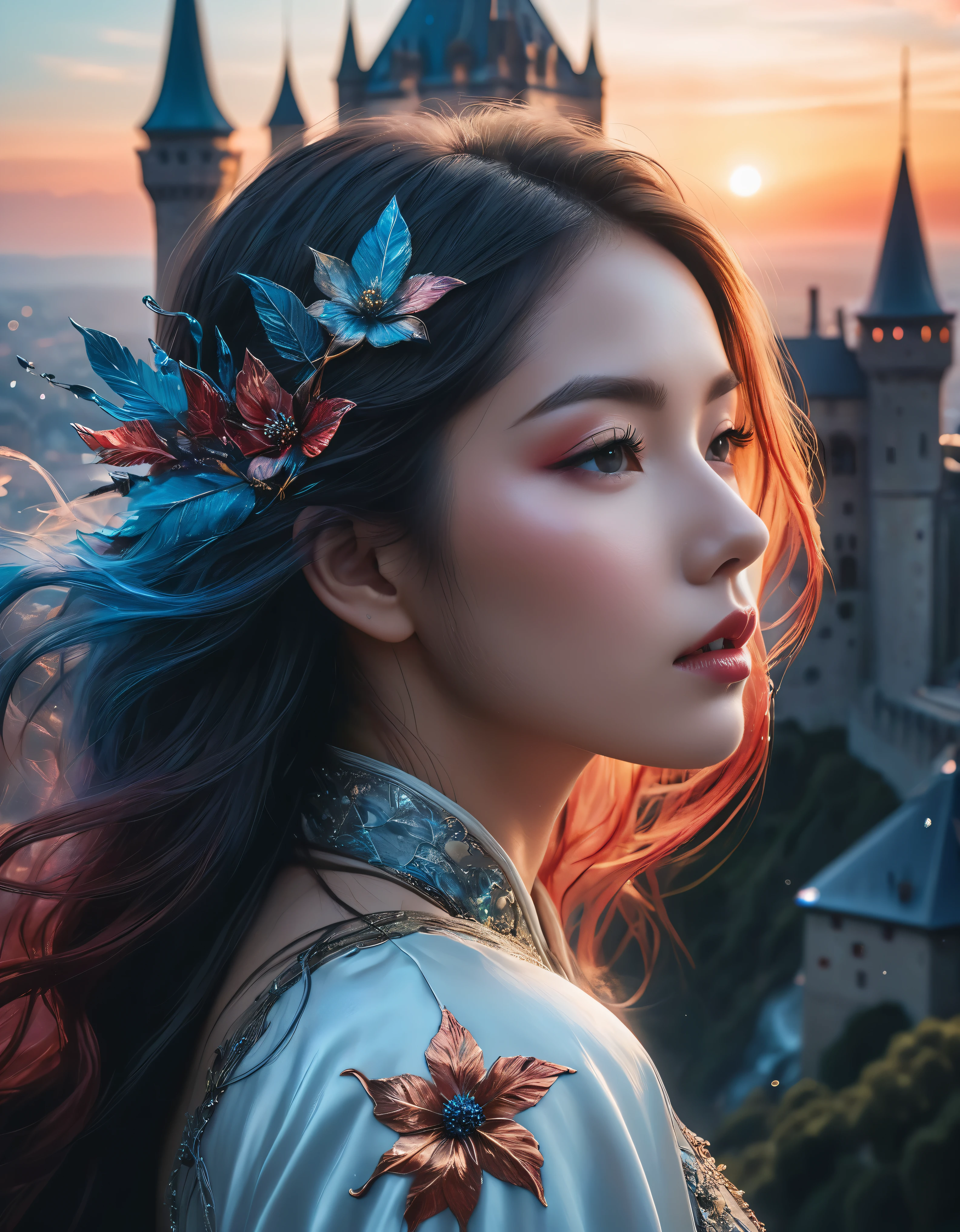 ((Masterpiece in maximum 16K resolution):1.6),((soft_color_photograpy:)1.5), ((Ultra-Detailed):1.4),((Movie-like still images and dynamic angles):1.3) | (double contact:1.3), Beautiful dream castle silhouette effect, Superimposed on Sleeping Pretty Female《dream castle sky》Agnes Cecile, Jeremy Mann, Oil and ink on canvas, fine art, super dramatic light, photoillustration, amazing depth, the ultra-detailed, iridescent red, superfluous dreams, intricately details, amazing depth, Amazing atmosphere, Mesmerizing whimsical vibrant landscapes, Maximalism (beautiful outside, Ugly inside, pressure and pain, beauty and despair, hard and soft, positive and negative, hot and cold, Sweet and sour, Vibrant but boring, Perfect harmony, light and shadows, hot and cold, old and young, Fire and ice, Yin and yang, australian, Black and white, hot and cold, organic and mechanical, Corresponding color, loud and quiet, Chaos and peace, day and night:1.2) The complex masterpiece of a real-time engineering leader. | Rendered in ultra-high definition with UHD and retina quality, this masterpiece ensures anatomical correctness and textured skin with super detail. With a focus on high quality and accuracy, this award-winning portrayal captures every nuance in stunning 16k resolution, immersing viewers in its lifelike depiction. | ((perfect_composition, perfect_design, perfect_layout, perfect_detail, ultra_detailed)), ((enhance_all, fix_everything)), More Detail, Enhance.