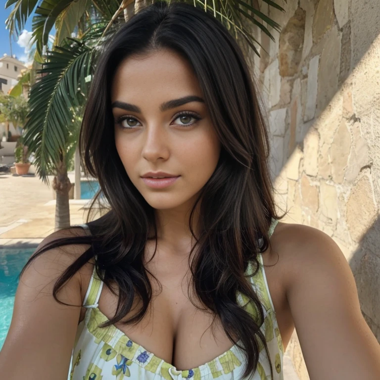 Very beau brunette with striking Characteristics of the&#39;espagnol latin, longs cheveux noirs, Characteristics of the&#39;espagnol latin, yeux verts grands et brillants, beau, elle a 33 ans (( Ages)) taking a selfie in a light floral dress in summer in Spain, impeccable beauty, natural beauty 