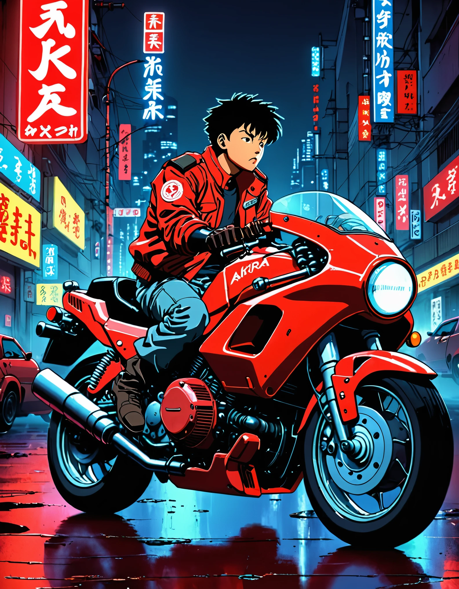 (Hauptthema),(Material),(Weitere Details),(Bildqualität),(art Stil),(Farbton),(Beleuchtung)

Akira movie Stil, Anime-Akira, (1988) Stil, Rotes Motorrad, illustriert, leuchtende Farben, Neonlichter