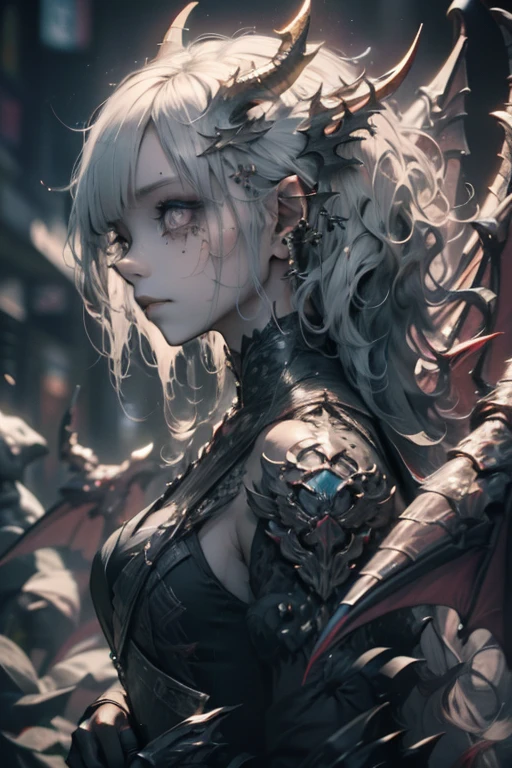 1girl, glowing dragon eyes, wavy hair, demure ornate dress, scales, scales on face, dragon wings, dragon horns, slender figure, scaled humanoid, (Intricate details:1.2), (Highly detailed face and eyes:1.2), sharpness, textures, (Photorealistic: 1.4), (Highly detailed)
