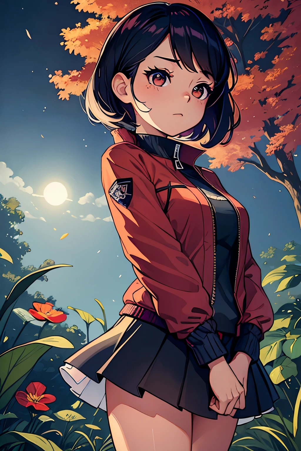 spirits among branches and fireflies by Kuvshinov, samdoesart, dream art, (((surrealism))), (Estilo-vidrio), 1 chica, solo, ojos hermosos, luz detallada, fondo de plaza, pelo sobre un ojo, flor roja, flor sobre el pelo, pelo largo, mirando hacia un costado, noche, bosquejo, medias largas, sombras intensas, anime, campera purpura, anatomia proporcionada en 6 cabezas, medias largas, flor roja, flor roja en la cabeza