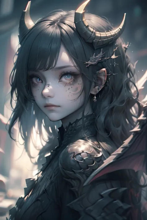 1girl, glowing dragon eyes, wavy hair, demure ornate dress, scales, scales on face, dragon wings, dragon horns, slender figure, ...