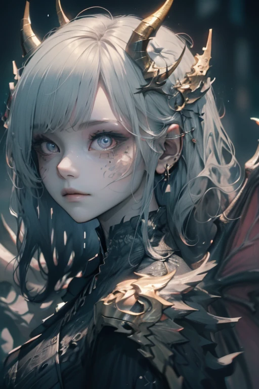 1girl, glowing dragon eyes, wavy hair, demure ornate dress, scales on face, dragon wings, dragon horns, scaled humanoid, looking at camera, dynamic pose, full shot, (Intricate details:1.2), (Highly detailed face and eyes:1.3), (Highly detailed)
