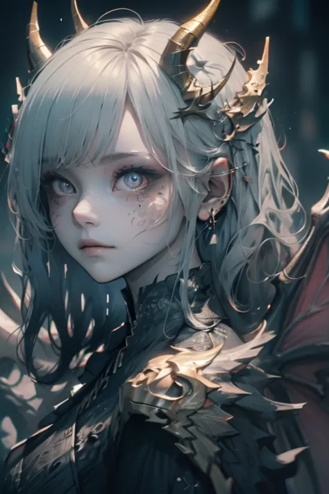 1girl, glowing dragon eyes, wavy hair, demure ornate dress, scales on face, dragon wings, dragon horns, scaled humanoid, looking...