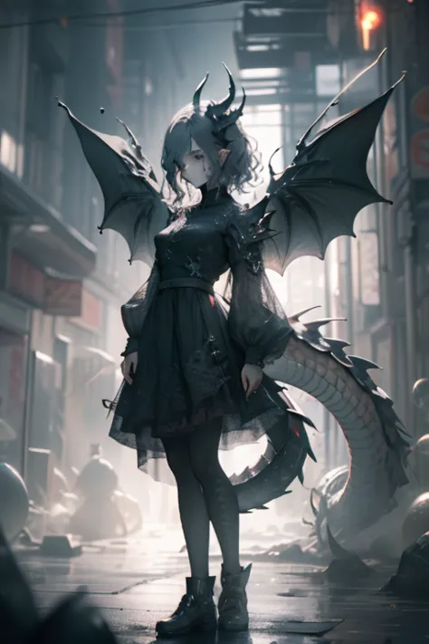 1girl, glowing dragon eyes, wavy hair, scale-adorned dress, scales on face, dragon wings, dragon horns, scaled humanoid, dynamic...