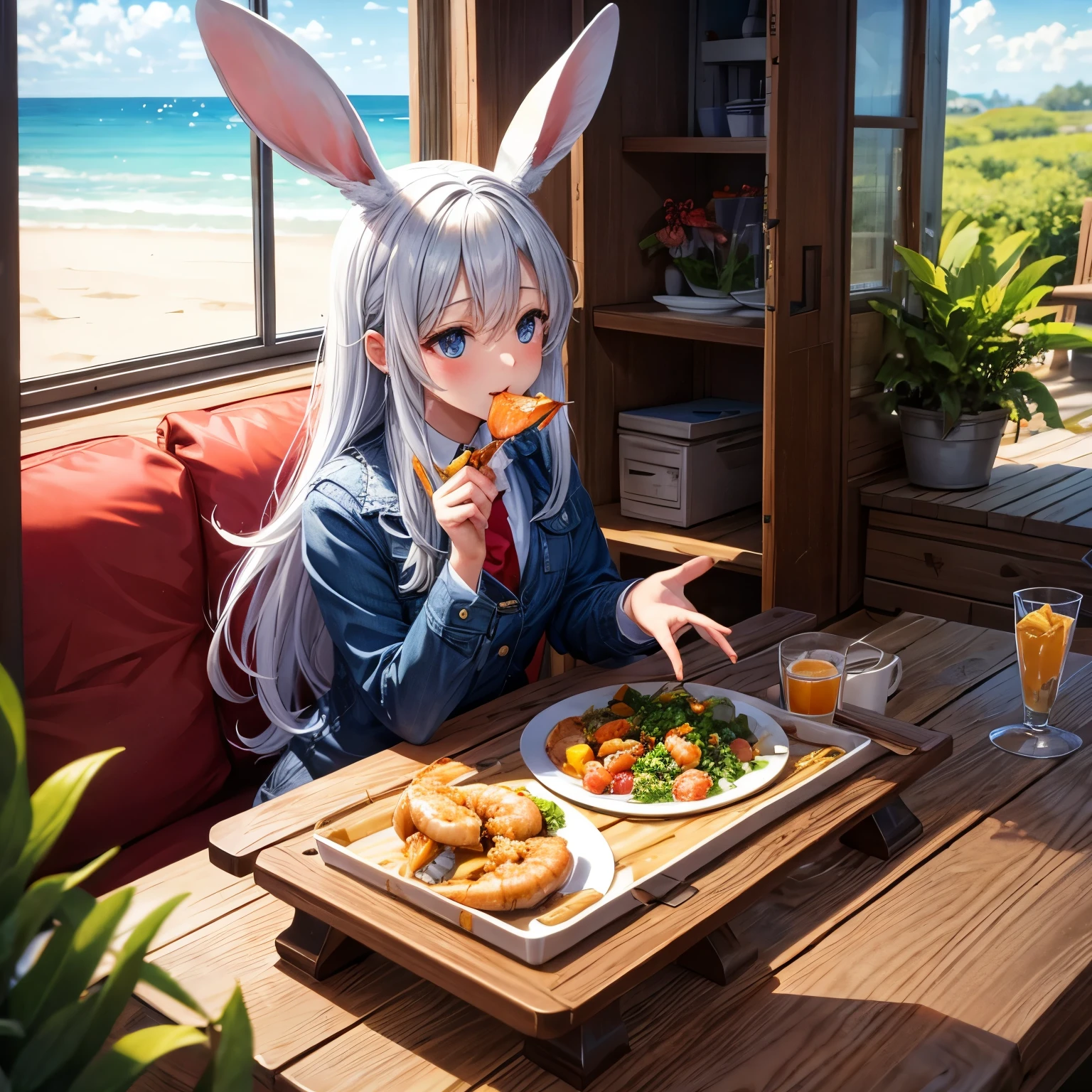 Garota de anime comendo uma refeição em uma mesa na praia - SeaArt AI