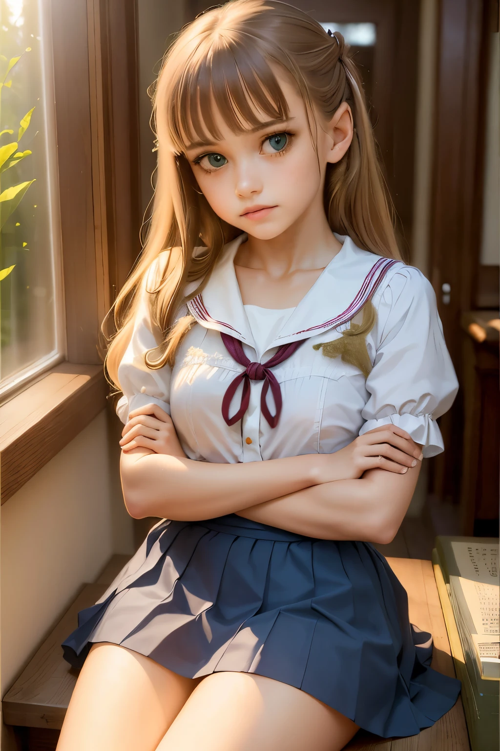 ((masterpiece,best quality, high resolution)), 1girl, solo, green eyes, blonde long hair tied with blue ribbon, blunt bangs, sitting, folded arms on the table, sleep on the folded arms, , white serafuku, red sailor collar, short sleeves, white pleated skirt, (in library), dramatic light, beside window, afternoon light through the window, afternoon, bokeh effect