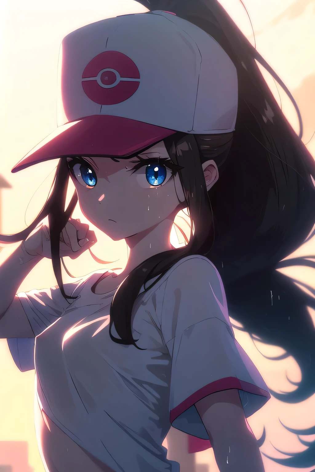 ((nsfw)), Pokemon Hilda, See-through, Wet and transparent, Pokemon Hilda, blue eyes, Brown Hair, Long Hair, ponytail, (Small breasts:1.2),Soaked break baseball cap, blue Shorts, denim, Have, Shorts, Best, Wristband, No sleeve, black Best, white shirt, shirt, 
break looking at viewer, (Upper Body:1.2),
break outdoors, city, null,
break (masterpiece:1.2), highest quality, High resolution, unity 8k wallpaper, (figure:0.8), (Beautiful fine details:1.6), Highly detailed face, Perfect lighting, Highly detailed CG, (Perfect hands, Perfect Anatomy),