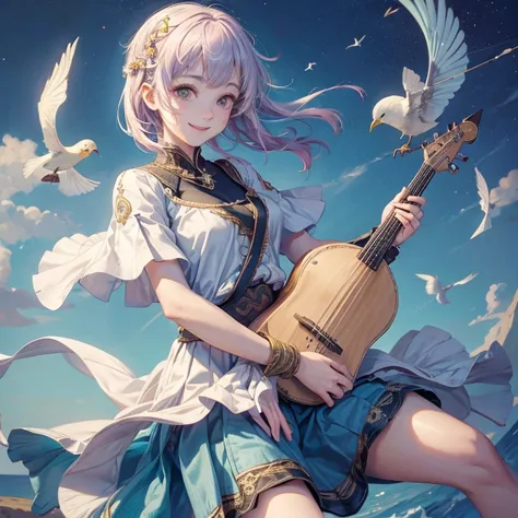 one girl, alone, (greet with a smile:1.4)bird, lute, playing musical instrument, baldur&#39;s gate 3. musical instrument, sing, ...