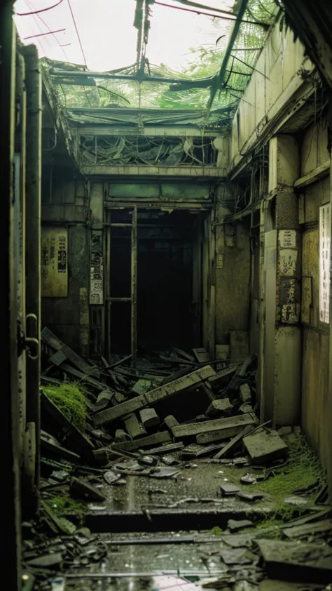 subway,moss,showa,collapse,devastation,inside the ruins,glasses,women,adventure,black and white,