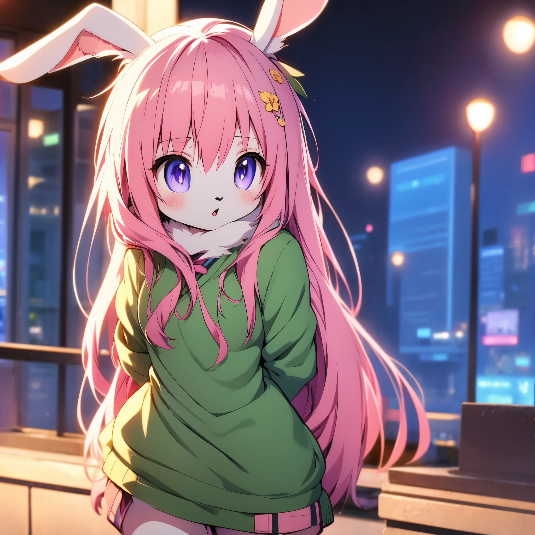 Anime girl with pink hair and bunny ears standing in front of a window -  SeaArt AI