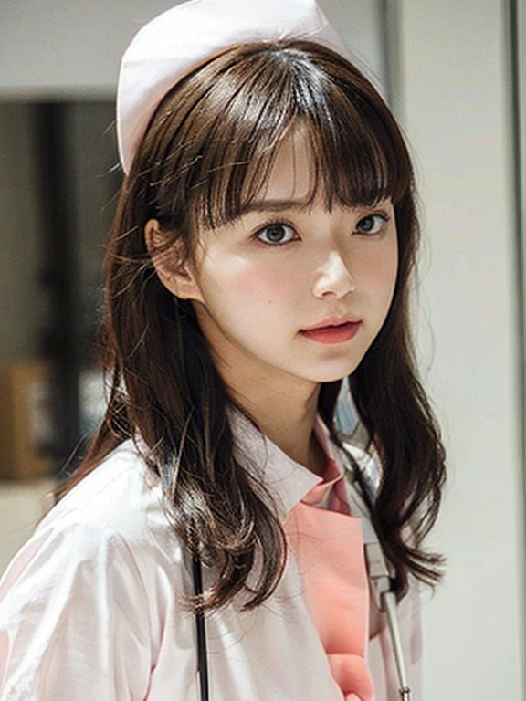 1 girl,(Wearing white nurse clothes:1.2),(RAW Photos, highest quality), (Realistic, photo-Realistic:1.4), masterpiece, Very delicate and beautiful, Very detailed, 2k wallpaper, wonderful, finely, Very detailed CG unity 8k wallpaper, Very detailed, High resolution, Soft Light, Beautiful detailed girl, Very detailed eyes and face, Beautiful and detailed nose, finely beautiful eyes, Perfect Anatomy, Black Hair, Upstyle, nurse uniform, ((nurse cap)), Long skirt, nurse, White costume, thin, hospital, clear, White Uniform, hospital room, Neck auscultation, ((Upper Body))