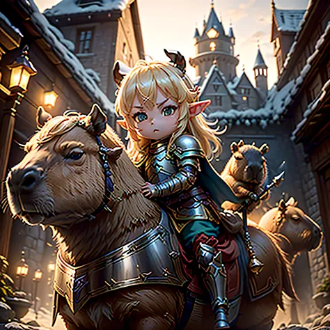 #quality(8k,wallpaper of extremely detailed CG unit, ​masterpiece,hight resolution,top-quality,top-quality real texture skin,hyper realisitic,increase the resolution,RAW photos,best qualtiy,highly detailed,the wallpaper,cinematic lighting,ray trace,golden ratio,), BREAK ,(the 1chibi elf knight is riding on a capybara as cavalryman and attacking enemies),#1chibi elf(chibi,cute,kawaii,elf,blonde hair,hair floating,knight,white armor,holding spear),#capybara(armored,cute,kawaii,furry),#background(outside,can see the castle far,at battlefield),fullbody