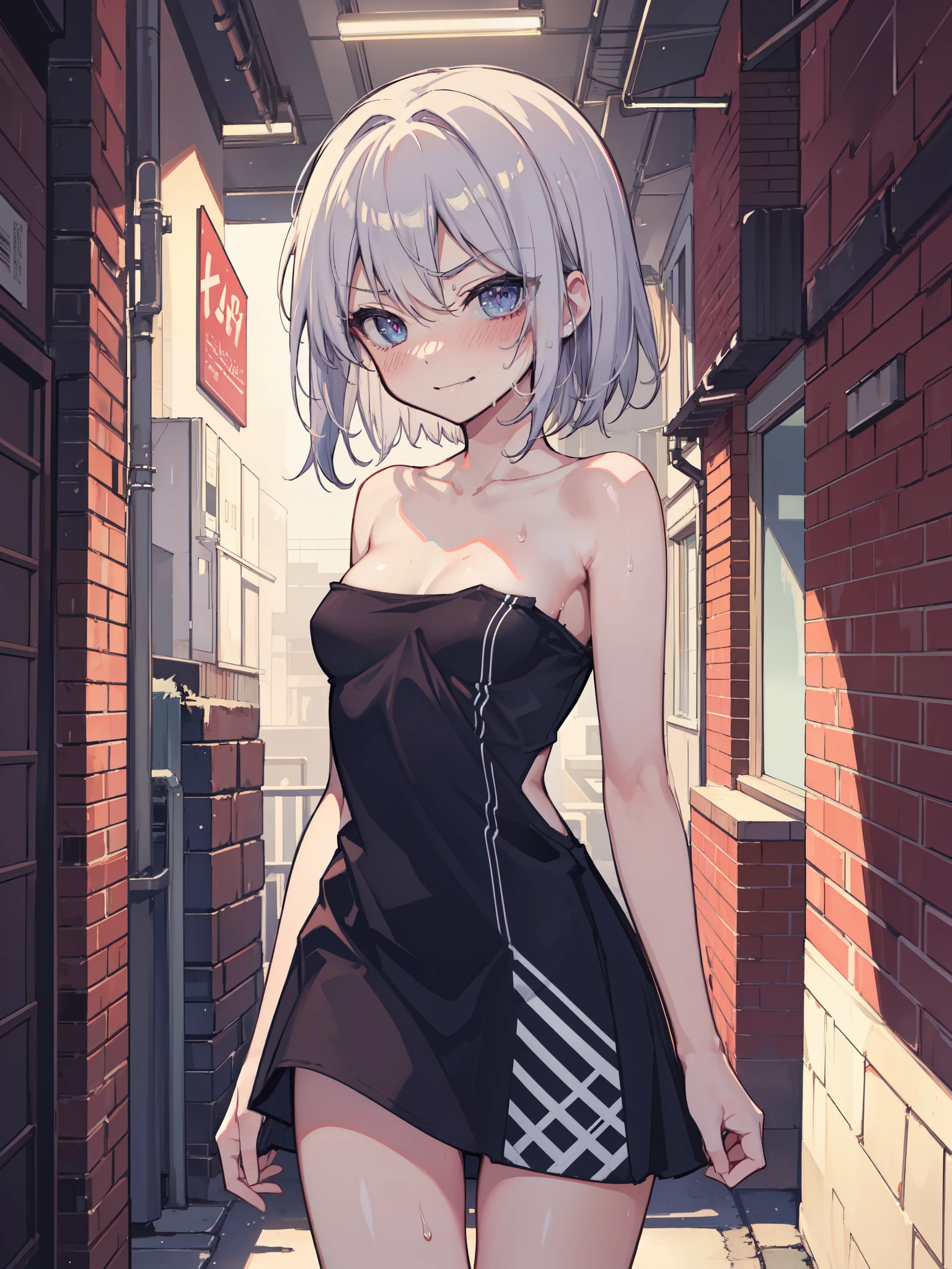 Anime girl in a short black dress walking down a narrow alley - SeaArt AI