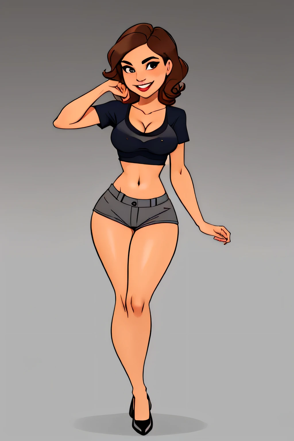 Flat color, solo, full body, A Sexy 35 year old stepmother wearing short navy shorts. Black stockings,(([ short white tee shirt, perfect small breasts, cleavage, showing underboob])) (([perfect body])), perfect face, beautiful, masterpiece,  highly detailed, 
 solo, Brown curly hair, brown colored  eyes, looking at viewer, very sexy seductive smile,
([Vanessa( :0)Hudgens|avi love|Emma( :0)Watson]:0.85), hands behind back,
((([Dark grey background])))
BREAK
score_9, score_8_up, score_7_up, score_6_up  
xvision style,