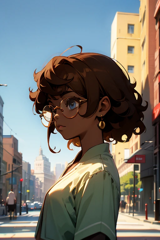 avatar,curly hair, short hair ,earrings, young female, sunlight, brown hair , city background, glasses, dark skin,
