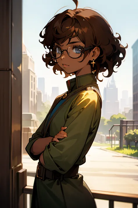 avatar,curly hair, short hair ,earrings, young female, sunlight, brown hair , city background, glasses, dark skin,