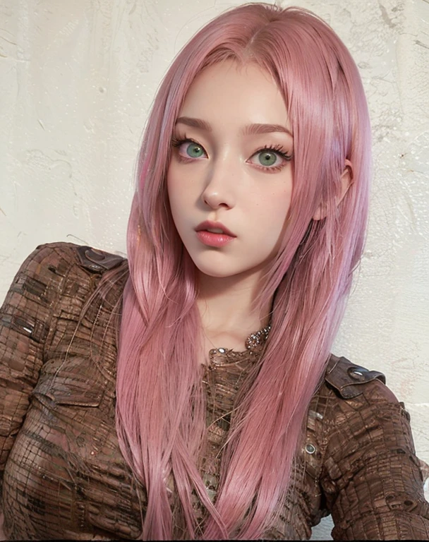 young woman, short shoulder-length pink hair, wide forehead, porcelain skin, pink eyebrows, big emerald green eyes, buttoned nose, full lips, heart-shaped face, slender body, small breasts, red tank top, Sakura Haruno , realistic, realism, details, 3d, well detailed
