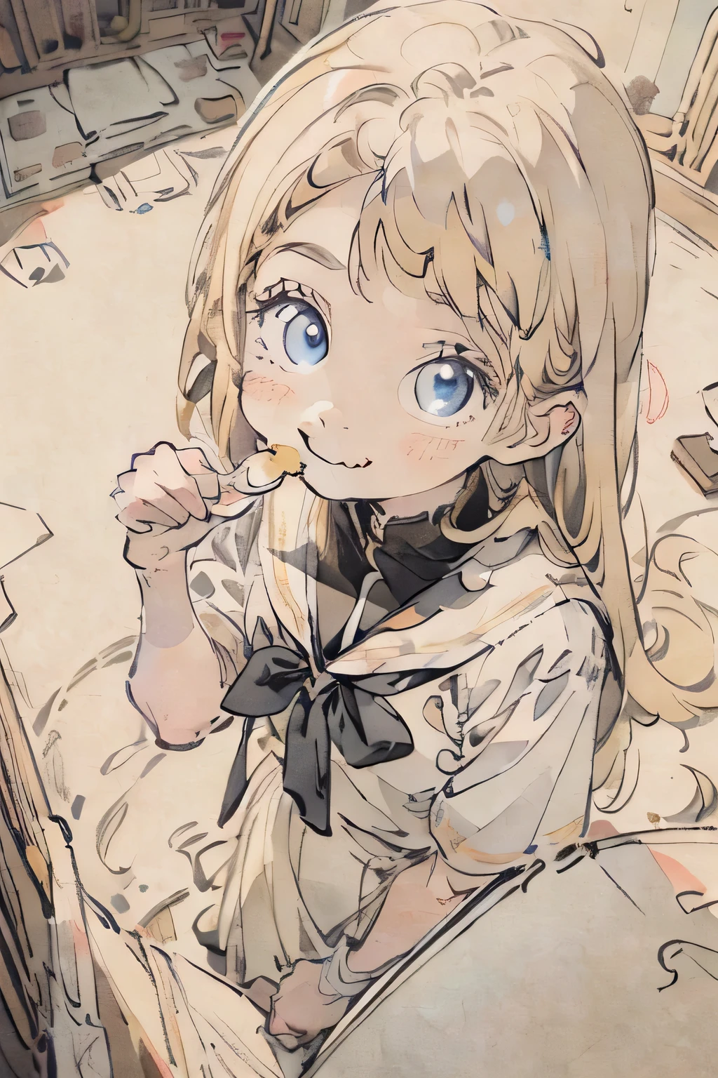 #Quality(8k,best quality,masterpiece,cinematic),solo, #1 girl(cute, kawaii,small kid,skin color yellow,smile kindly,hair floating,hair color blond,long hairblue eyes,big eyes,narrow her eyes,eating cake,sailor uniform,upper body,from above,big brest),#background(inside,messy room,from above)