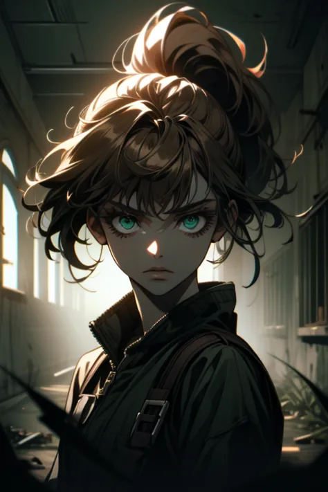 ((ultra detailed, masterpiece, absurdres))
 TLOUEllie, 1girl, ponytail, brown hair, green eyes, Abandoned prison yard with drama...