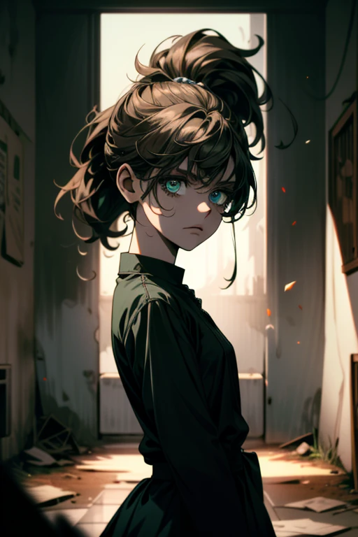 ((ultra detailed, masterpiece, absurdres))
 TLOUEllie, 1girl, ponytail, brown hair, green eyes, Abandoned prison yard with dramatic shadows, dynamic lighting, eerie and haunting