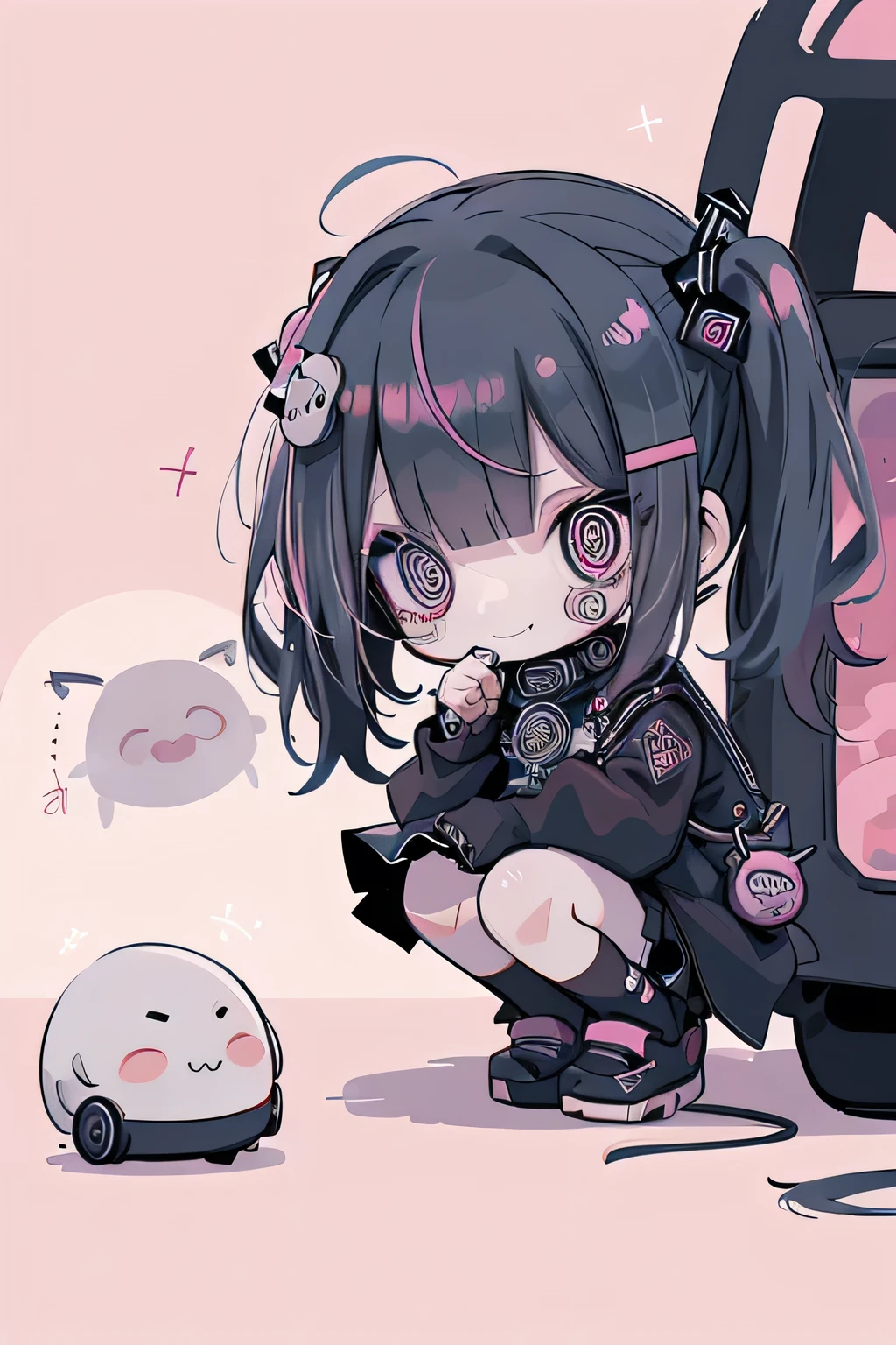 (sticker),#quality(8k,best quality, masterpiece),solo, #1girl(cute, kawaii,small kid,smile,hair floating,hair color cosmic,pigtail hair,zombie skin,ghost skin ,skin color blue,pale skin,eye color cosmic,eyes shining,big eyes,damaged clothes,heavy metal costume,smirk,isolated on pink background,full body),#background(monotone,pink,no background,isolated on pink background)