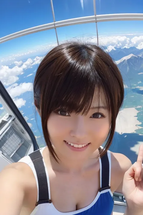 A cute, beautiful, voluptuous Japanese woman in her late 20s with a boyish hairstyle, skydiving at 4000 meters above the ground....