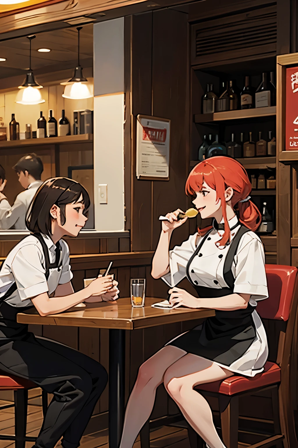 Both the characters are having good time at the restaurant together with food, full body