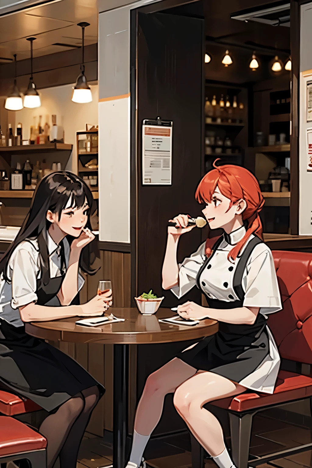 Both the characters are having good time at the restaurant together with food, full body