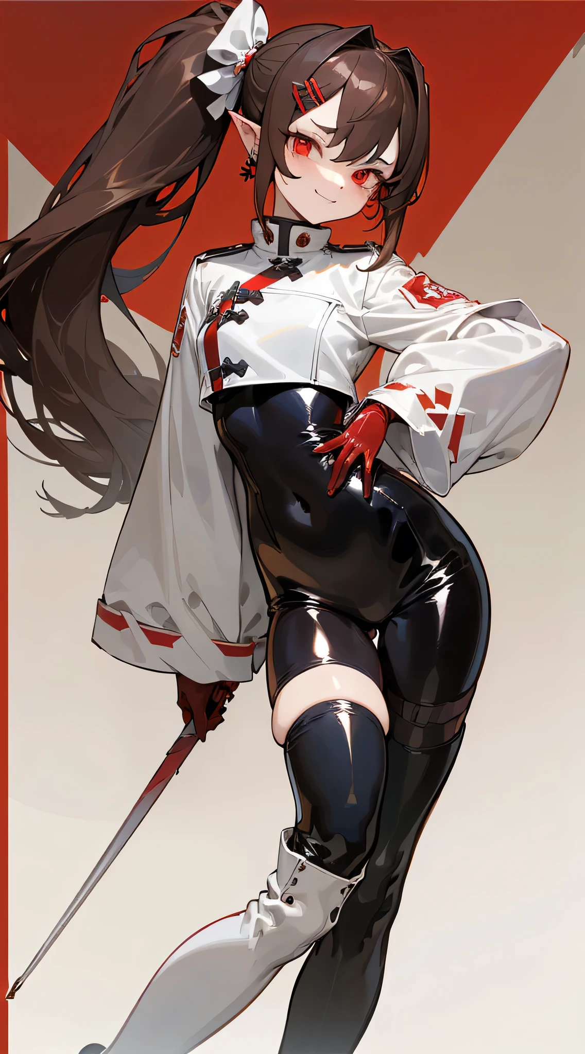 (masterpiece, sidelighting, finely detailed red eyes: 1.2), ((best quality)), ((masterpiece)), (highly detailed:1.3), anime, young girl, childish body, cropped white jacket with wide sleeves, (fluffy jacket), black tight-fitting bodysuit, ((latex unitard)), black and red gloves, pale skin, (shadowed eyes, darkened eyes), (smirk, mischevious grin), pointy ears, (pretty long hair, brown hair, messy haircut, hair between eyes, hairclips on left side), ((side ponytail)), (thigh high white boots), earrings, red tatto on left hand, hands behind back, scar on left hip, solo, 1girl,