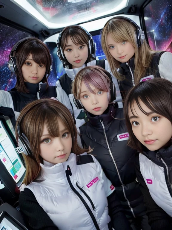 （Seven girls and one boy），（7 girls in a row）,（Brunette color hair, Black-eyed ，Blonde ，White haired red eyed ，Purple hair and heterochromatic pupils ，Pink Hair, Green Eyes, change）,(astrovest):3,headphones,Smart,futuristic space Classroom Background,BREAK inside spaceship room