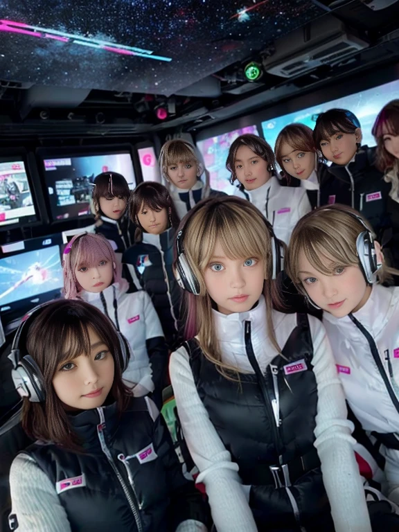 （Seven girls and one boy），（7 girls in a row）,（Brunette color hair, Black-eyed ，Blonde ，White haired red eyed ，Purple hair and heterochromatic pupils ，Pink Hair, Green Eyes, change）,(astrovest):3,headphones,Smart,futuristic space Classroom Background,BREAK inside spaceship room