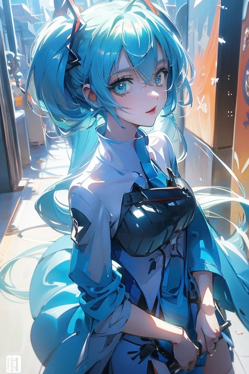 blue anime miku in an urban area 