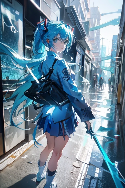 blue anime miku in an urban area 