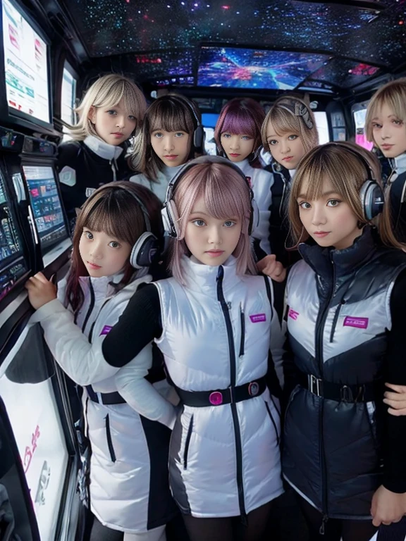 （Seven girls and one boy），（7 girls in a row）,（Brunette color hair, Black-eyed ，Blonde ，White haired red eyed ，Purple hair and heterochromatic pupils ，Pink Hair, Green Eyes, change）,(astrovest):3,headphones,Smart,futuristic space Classroom Background,BREAK inside spaceship room