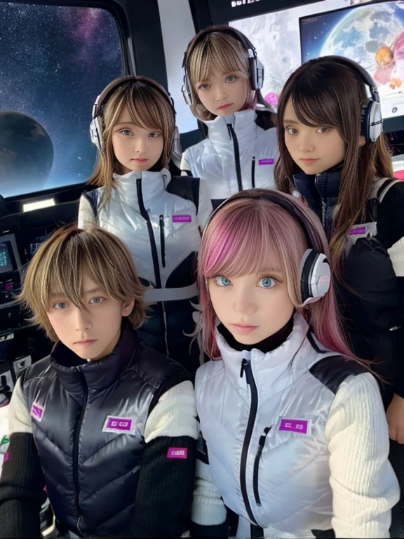 （Seven girls and one boy），（7 girls in a row）,（Brunette color hair, Black-eyed ，Blonde ，White haired red eyed ，Purple hair and heterochromatic pupils ，Pink Hair, Green Eyes, change）,(astrovest):3,headphones,Smart,futuristic space Classroom Background,BREAK inside spaceship room