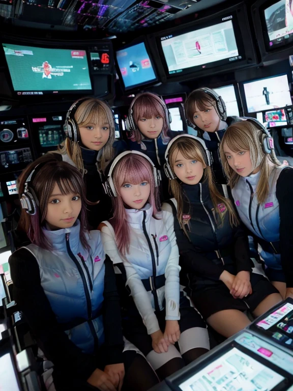 （Seven girls and one boy），（7 girls in a row）,（Brunette color hair, Black-eyed ，Blonde ，White haired red eyed ，Purple hair and heterochromatic pupils ，Pink Hair, Green Eyes, change）,(astrovest):3,headphones,Smart,futuristic space Classroom Background,BREAK inside spaceship room