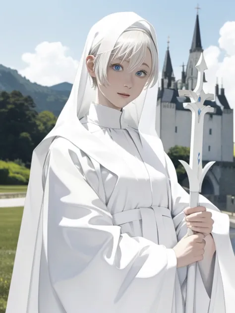 1 albino female priest with very short hair, wearing a white veil, wearing a milky white robe, he wears thin and light armor and...