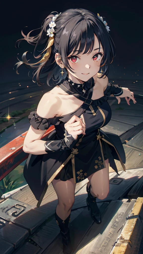 Anime style beutiful woman, 1girl,fullbody, happy, (with sparkling eyes and a contagious smile:1.2), red face, closed mouth, beautiful detailed eyes, super detailed skin, backlighting, bare shoulders, black background, black dress, black gloves, black hair, breasts, dress, earrings, fingerless gloves, floating hair, floral print, flower, gloves, gold earrings, gold hairband, hair flower, hair ornament, hairband, holding, holding weapon, jewelry, large breasts, long hair, looking at viewer, off-shoulder dress, off shoulder,red eyes, short hair with long locks, sidelocks, solo, spikes, thighs, two-sided dress, two-sided fabric, weapon, fighting stance , face, close up, from above, highest quality, high resolution,Real World, Natural light,perfect Natural light,looking at viewer,
