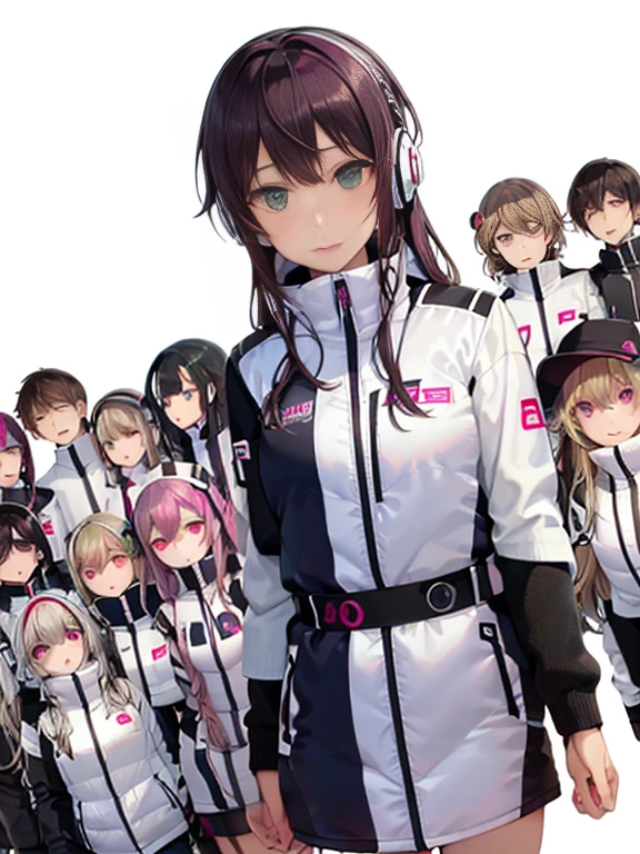 （Seven girls and one boy），（7 girls in a row）,（Brunette color hair, Black-eyed ，Blonde ，White haired red eyed ，Purple hair and heterochromatic pupils ，Pink Hair, Green Eyes, change）,(astrovest):3,headphones,Smart,futuristic space Classroom Background