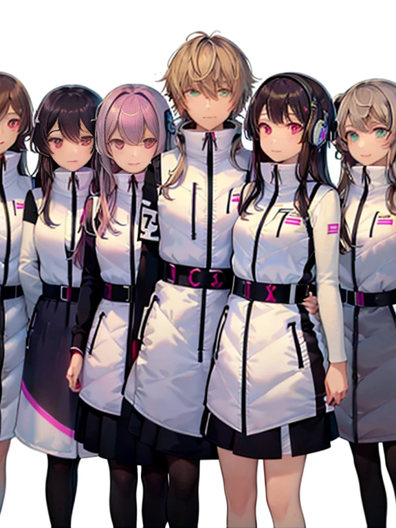 （Seven girls and one boy），（7 girls in a row）,（Brunette color hair, Black-eyed ，Blonde ，White haired red eyed ，Purple hair and heterochromatic pupils ，Pink Hair, Green Eyes, change）,(astrovest):3,headphones,Smart,futuristic space Classroom Background