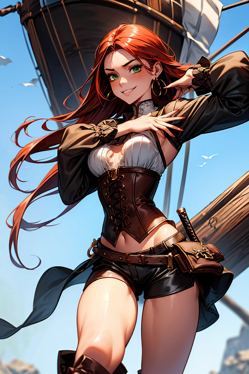 (masterpiece), best quality, expressive eyes, perfect face, (pirate ship background), (standing), (smirk), (closeup view), (1girl,freckled skin,glossy skin, red hair,green eyes, hourglass figure, thin body, skinny body, petite_body, medium breasts, thick thighs, long fingernails, hoop earrings, white front lace blouse, long sleeve, loose fit, black leather corset, brown leather shorts, brown boots, sheathed cutlass sword, flintlock pistol in holster, hoop earrings, miscellaneous jewelry) thong straps